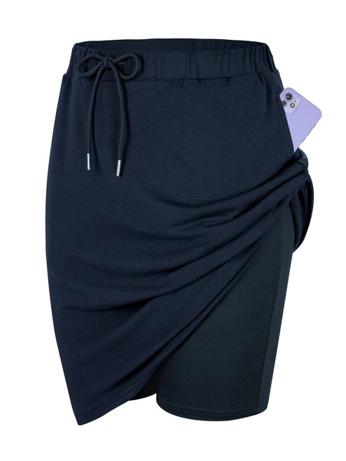 Komorebi Skorts Skirts for Women Knee Length Tennis Golf Skirts Athletic Casual Short Drawstring Waist Skirt with Pockets Navy X-Large