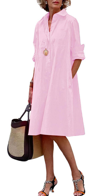 chouyatou Women's Spring Summer Button-Down Shirt Dress Loose A-Line Midi Shift Tunic Dress (Small, Pink)