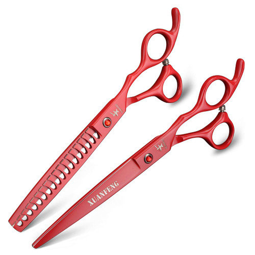 XUANFENG Black 7 Inch Professional Barber Salon Hair Scissors Japan 440c Imported Cutting Thinning Scissors Shear Set Hairdressing Shears (2pcs Thinning 30%, Red)