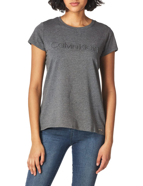 Calvin Klein Women's Short Sleeve Crew Neck Logo T-Shirt, Heather Charcoal, Large
