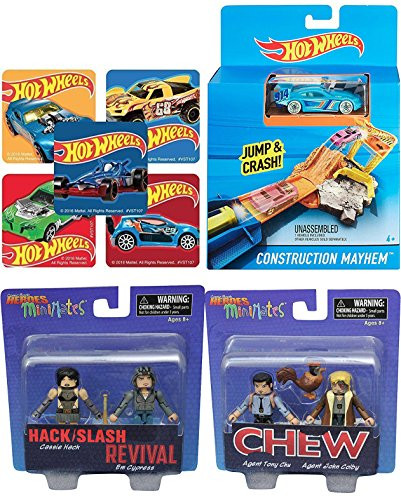 AYB Products Car + Figures Hot Wheels Playset Jump & Crash Construction Mayhem Double Track Pack with bonus Car & Comic Heroes Minimates + Bonus Stickers Bundle