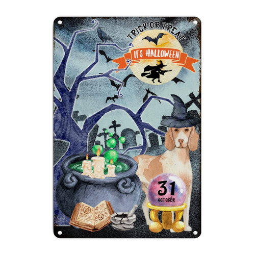 Border Collie with Witch Hat Metal Tin Sign Halloween Bat Holy Ghost Vintage Metal Sign Poster Trick or Treat It's Halloween Metal Wall Sign for Front Porch Laundry Room 8x12in