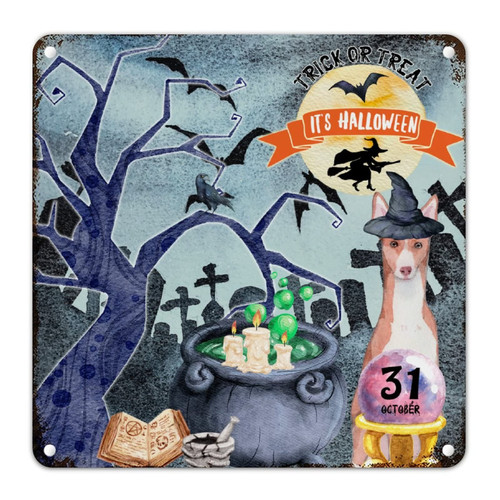 White Swiss Shepherd Dog with Witch Hat Metal Signs Spooky Season Halloween Vintage Farmhouse Signs Trick or Treat It's Halloween Aluminum Art Signs for Laundry Room Living Room 10x10in