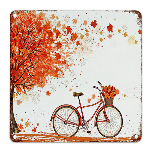 Gather Thanksgiving Wall Decor Metal Sign Live Well Laugh Often Love Much Fall Red Leaf Bike Metal Wall Sign Autumn Vintage Metal Wall Decor for Front Porch Laundry Room 10x10in