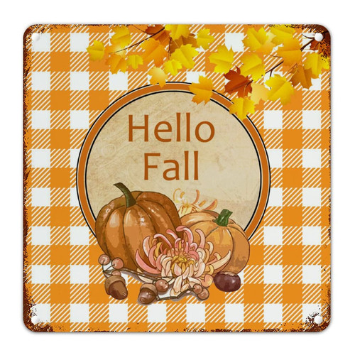 Vintage Metal Sign Poster Hello Fall Orange Plaid Sunflower Pumpkin Metal Tin Sign Fall Gift Thanksgiving Metal Wall Sign Farmhouse Autumn Art Sign for Laundry Room Living Room 10x10in