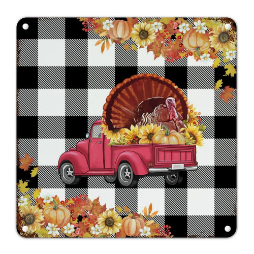 Vintage Metal Sign Poster Fall Thanksgiving Plaid Pumpkin Turkey Aluminum Art Signs Funny Thansgiving Metal Signs Farmhouse Autumn Art Sign for Front Porch Laundry Room 10x10in