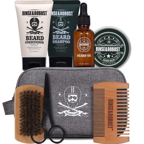 Rinse & Robust 8Pcs Beard Growth Kit For Men Beard Care Set with Traveling Bag Beard Grooming Wash & Beard Conditioner Kit Valentines Gift for Men Beard Trimmer, Brush,Comb, Traveling Bag