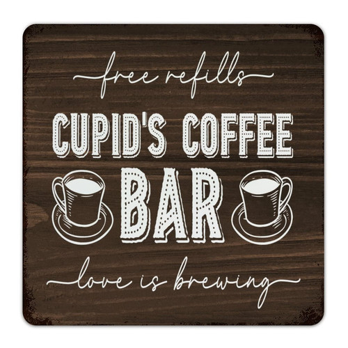 Autravelco Custom Metal Tin Sign Free Refills Cupid's Coffee Bar Love Is Brewing Room Decor for Men Metal Plaque for Living Room House Laundry Valentines Art Poster Gift for Front Door 12x12 Inch