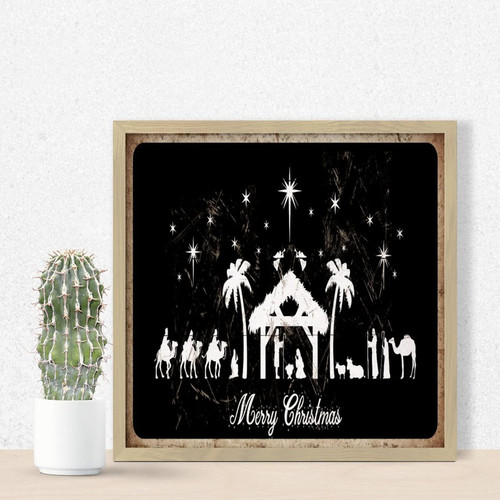 Merry Christmas Oh Holy Night Primitive Decor Framed Established Wood Sign Vintage Christmas Nativity Scene Signs Cute Wood Pallet Wall Plaque Sign for Kitchen Laundry Front Porch 7x7in