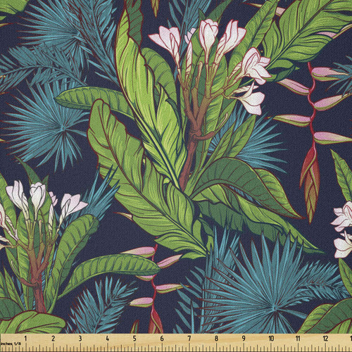 Ambesonne Leaf Fabric by The Yard, Tropical Jungle Palm Tree Banana Leaves Frangipani Heliconia on a Dark Blue Background, Microfiber Fabric for Arts and Crafts Textiles & Decor, 2 Yards, Green Teal Ambesonne Leaf Fabric by The Yard, Tropical Jungle Palm Tree Banana Leaves Frangipani Heliconia on a Dark Blue Background, Microfiber Fabric for Arts and Crafts Textiles & Decor, 2 Yards, Green Teal