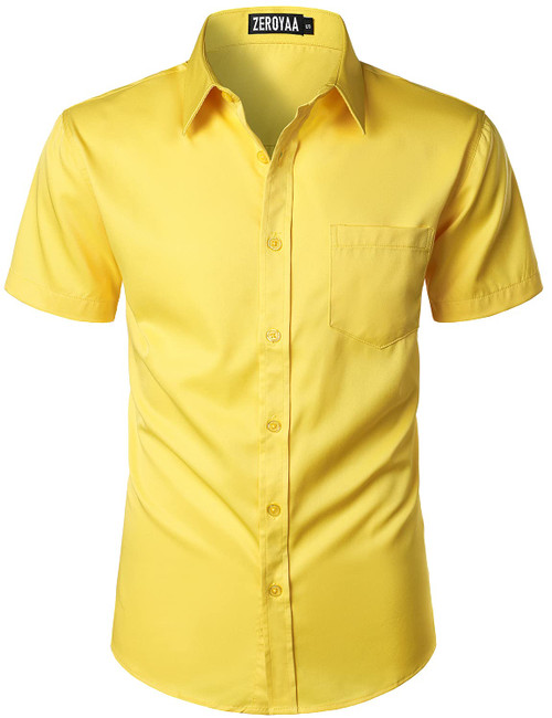 ZEROYAA Men's Casual Urban Stylish Slim Fit Short Sleeve Button Up Dress Shirt with Pocket ZLSC15 Bright Yellow Medium