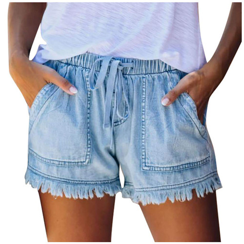 Youmymine Women's Comfy Drawstring Jeans Denim Shorts Casual Elastic Waist Tassel Shorts Pants with Pockets (Light Blue, M)