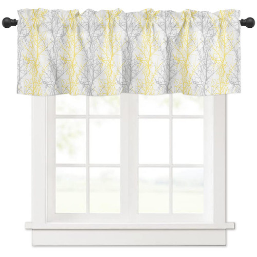 Zadaling Valance Curtain for Kitchen,Yellow and Grey Branch Window Valance for Living Room Scroll,Rod Pocket Valances for Bathroom Decor,Window Treatment Valance 1 Panel 42" x 18"