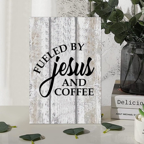 Vintage Style 8x12in Wood Sign Inspirational Motivational Quote Fueled by Jesus and Coffee Wall Hanging Wooden Plaque for Farmhouse Porch Living Room Garden Yard Kitchen Coffee Bar Laundry Room Decor