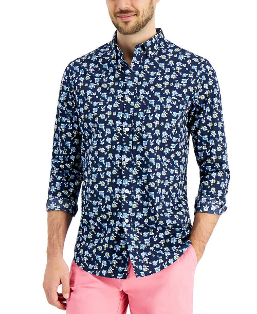 Club Room Mens Shirt Medium Floral Print Pocket Button Down Blue M