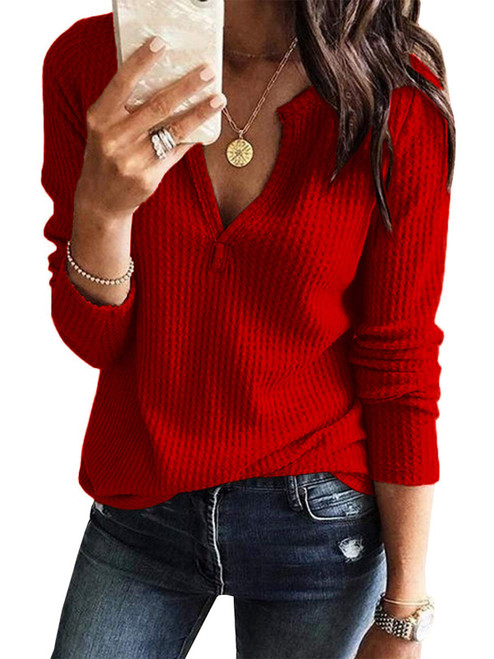 Women's V Neck Waffle Knit Henley Tops Casual Long Sleeve Pullover Sweater Blouses (Red, Large)