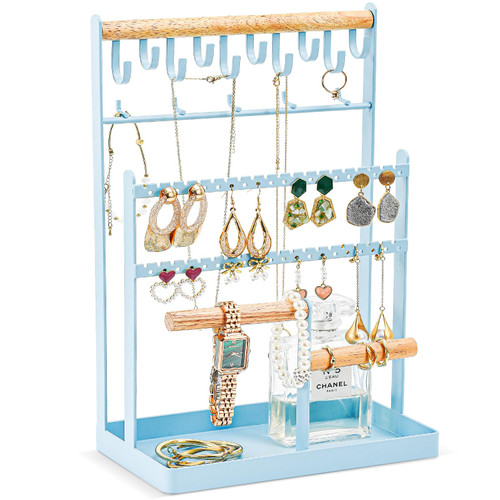 ProCase Jewelry Organizer Stand Necklace Organizer Earring Holder, 6 Tier Jewelry Stand Necklace Holder with 15 Hooks, Jewelry Tower Display Rack Storage Tree for Bracelets Earrings Rings -Blue