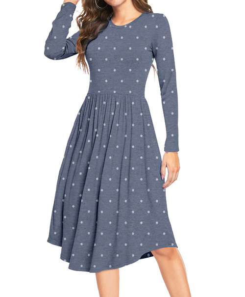 YUNDAI Women's Long Sleeve Polka Dot Casual Dress Pleated Loose Midi Dress with Pocket XX-Large, Blue YUNDAI Women's Long Sleeve Polka Dot Casual Dress Pleated Loose Midi Dress with Pocket XX-Large, Blue