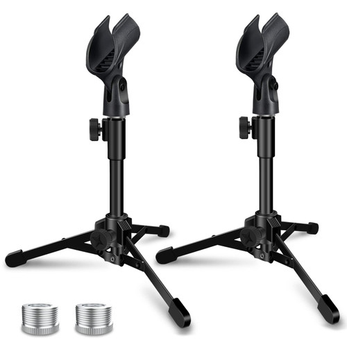 Mictop 2 Pack Desktop Mic Stand, Portable Foldable Tripod with Mic Clip Holder, Adjustable Microphone Stand For Dynamic Microphone Like Samson Q2U Shure SM58 SM57 PGA48 PGA58 etc.