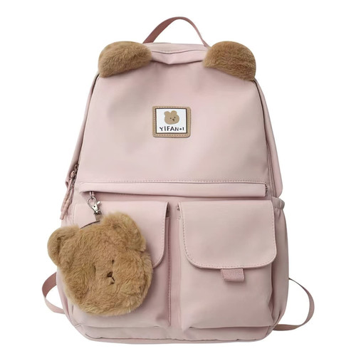 LaurelTree Kawaii Aesthetic Cute Backpack with Accessories 14 In Laptop Rucksack Travel Bag School Students Suppliers Girls (Pink)