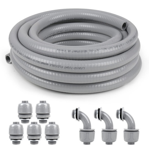 Elecoman 1/2inch 25ft Liquid-Tight Conduit and Connector Kit,Flexible Non Metallic Liquid Tight Electrical Conduit Kit with 5 Straight and 3 90-Degree Conduit Connector Fittings,1/2 in. Dia