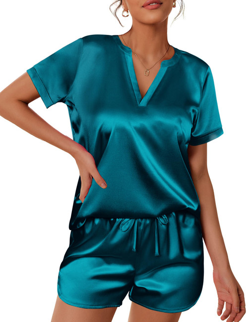 Ekouaer Satin Pajama set for Women Silk Pajamas Set Satin Pj Set Short Sleeve Top and Short Pant Pajama Set Two Piece Sleep Set Silky Sleepwear Nightwear Teal Blue