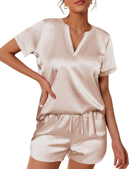 Ekouaer Womens Silk Satin Pajamas Set Short Sleeve Top Soft Two Piece Pjs Silky Sleepwear Nightwear Champagne Ekouaer Womens Silk Satin Pajamas Set Short Sleeve Top Soft Two Piece Pjs Silky Sleepwear Nightwear Champagne