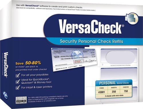 VersaCheck Security Personal Check Refills: Form #3001 Personal Wallet - Blue - Premium - 250 Sheets