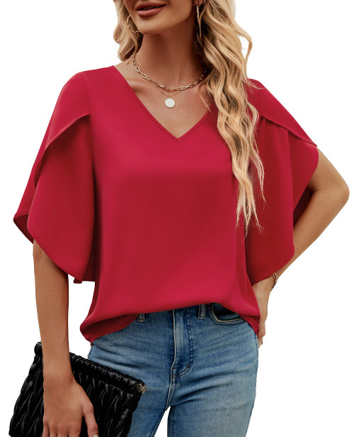 Funlingo Women's 3/4 Sleeve Tops Dressy Casual Summer Chiffon Blouses Flowy Loose V Neck Shirts Red X-Large