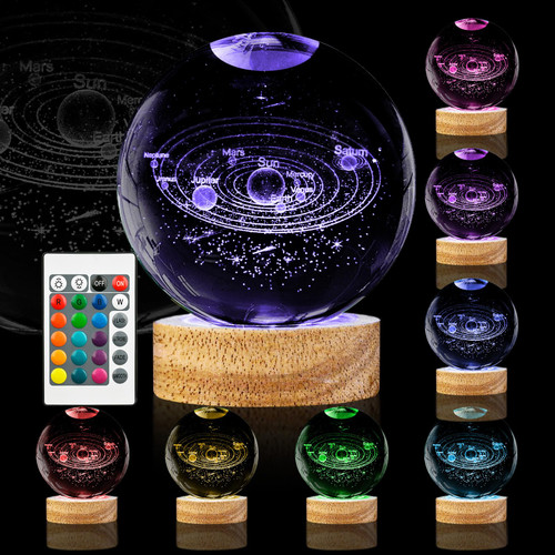 3D Solar System Crystal Ball Night Light 3.15 inch Galaxy Planet Glass Ball Lamp with 16 Color Change Wooden Base and Remote Control Astronomy Space Gifts for Kids Friend Birthday Christmas Room Decor