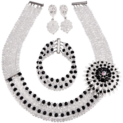 aczuv 5 Rows Nigerian Beaded Jewelry Set Women African Wedding Beads Crystal Necklace and Earrings (Clear AB and Black) aczuv 5 Rows Nigerian Beaded Jewelry Set Women African Wedding Beads Crystal Necklace and Earrings (Clear AB and Black)