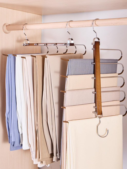 SMARTOR Pants Hangers Space Saving - 3 Pack Wood Jean Hangers for Closet Organizer - Trouser Hangers Scarf Holder Closet Space Saving Hangers - Pants Organizer Hanger Space Saver Closet Organization