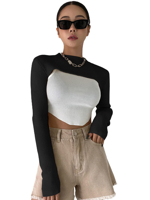 Verdusa Women's Mock Neck Long Sleeve Knit Crop Sweater Pullover Shrug Top Black L