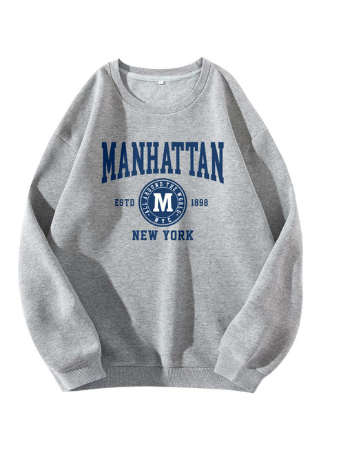 GORGLITTER Women's Letter Graphic Crew Neck Thermal Sweatshirt Long Sleeve Drop Shoulder Pullover Tops Light Grey Medium