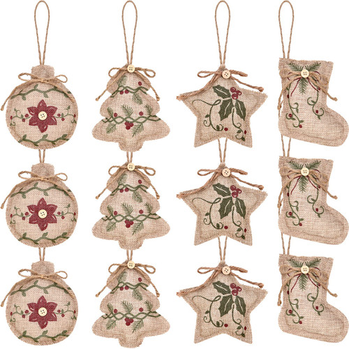 Jetec Rustic Christmas Burlap Tree Ornaments Farmhouse Hanging Decorations Christmas Stocking Tree Ball Shaped Decor for Christmas Party (20)