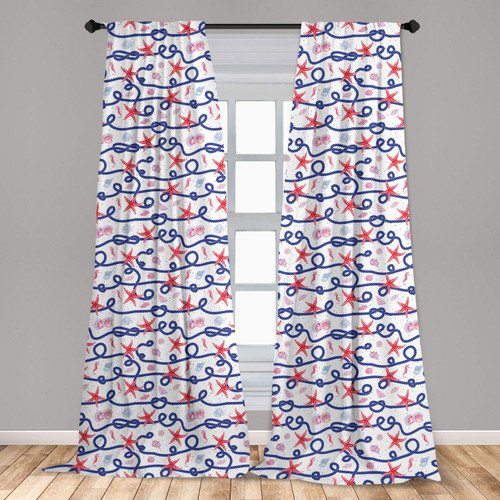 Ambesonne Starfish Window Curtains, Nautical Pattern with Navy Marine Red Starfish Shells Scallops Seahorses, Lightweight Decor 2-Panel Set with Rod Pocket, Pair of - 28" x 63", Multicolor