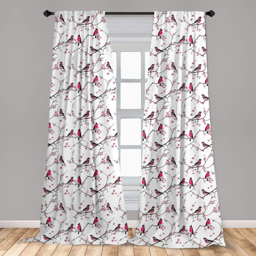 Ambesonne East Curtains, Sakura Flowers with Bullfinch Birds Branches Nature Animals Plants Spring Season, Window Treatments 2 Panel Set for Living Room Bedroom, Pair of - 28" x 63", Grey Black