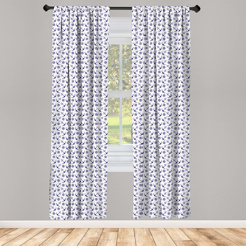 Ambesonne Navy Blue Curtains, Anchors with Ships Steering Wheels Nautical Composition Sea Life Element, Window Treatments 2 Panel Set for Living Room Bedroom, Pair of - 28" x 63", Dark Blue White