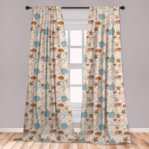 Ambesonne Seashells Curtains, Abstract Starfishes with Spiral Lines Doodle Style Illustration, Window Treatments 2 Panel Set for Living Room Bedroom, Pair of - 28" x 95", Pale Brown Pale Blue