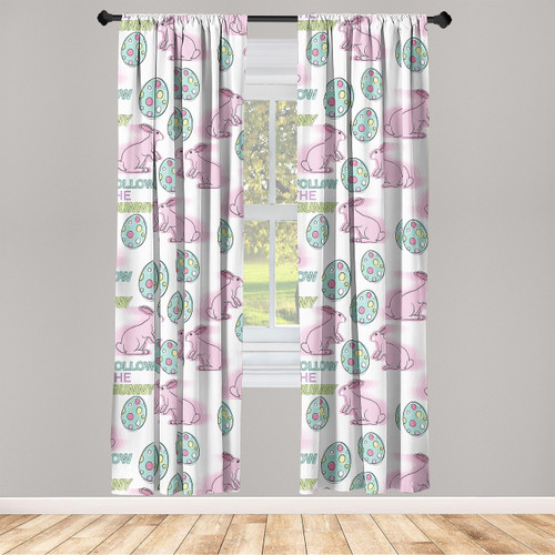 Ambesonne Emoji Window Curtains, Follow The Bunny Writing with Rabbit and Polka Dotted Eggs Pattern, Lightweight Decor 2-Panel Set with Rod Pocket, Pair of - 28" x 84", White Pale Pink and Seafoam