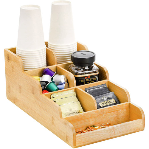 WUWEOT Coffee Condiment Organizer, Coffee Station Organizer, Bamboo Coffee Bar Accessory Caddy, Coffee Tea Bag Organizer Coffee Pod Holder with 7 Compartments