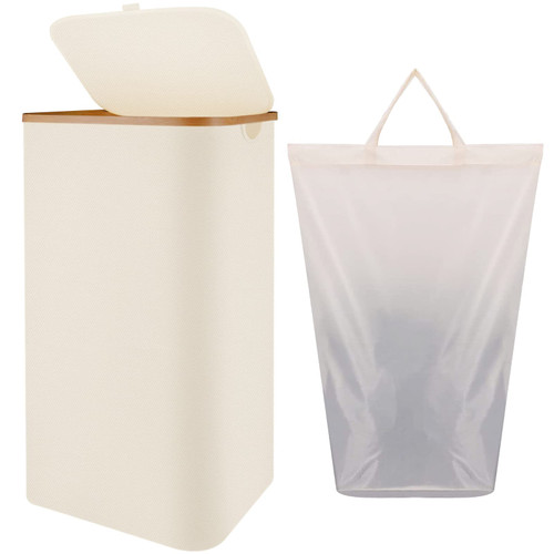 Laundry Basket with Lid - Laundry Hamper with Lid and Removable Bag, 100L Large Foldable Laundry Basket Dirty Clothes Hamper with Handles, Waterproof Oxford Bamboo Hamper for Bedroom, Laundry Room