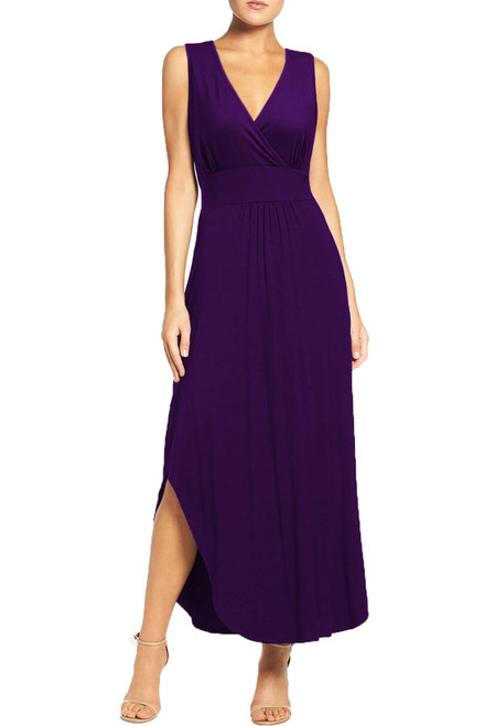 WOOSEA Women Sleeveless Deep V Neck Pocket Loose Long Dress Split Maxi Casual Dresses Purple