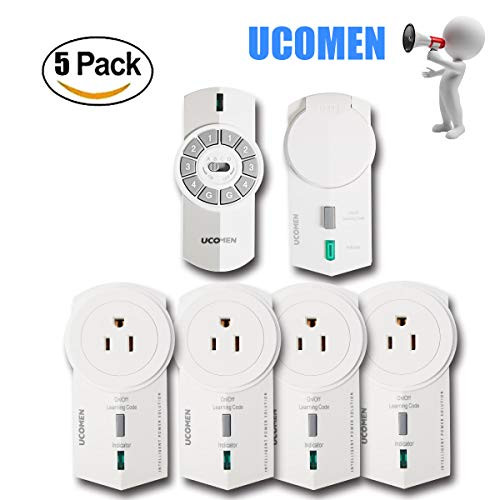UCOMEN Outdoor/Indoor Remote Control Outlet, Outdoor Indoor Wireless Remote Control Outlet Kit, Waterproof Electrical Plug, Remote Light Switch,Includes 1 outdoor socket and 4 indoor sockets (5Rx-1Tx) UCOMEN Outdoor/Indoor Remote Control Outlet, Outdoor Indoor Wireless Remote Control Outlet Kit, Waterproof Electrical Plug, Remote Light Switch,Includes 1 outdoor socket and 4 indoor sockets (5Rx-1Tx)