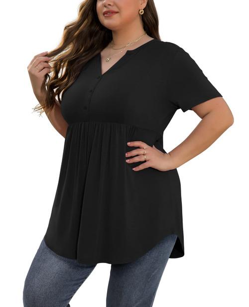SHIJIALI Women's Plus Size Henley Shirts V Neck Button Tunic Tops Casual Short Sleeve Swing Flowy Blouse Black-4X-Large