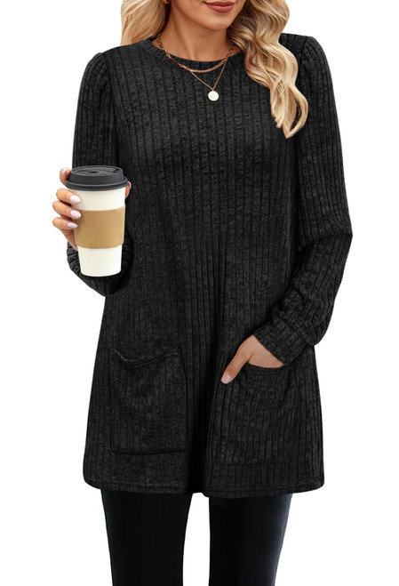 OFEEFAN Long Sleeve Shirts for Women Plus Size Sweaters Crewneck Tunic Lightweight Black 3XL