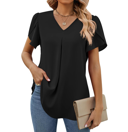 Funlingo Women's Summer Dressy Chiffon Blouses V Neck Petal Short Sleeve Tunic Tops Casual Shirts Black Large