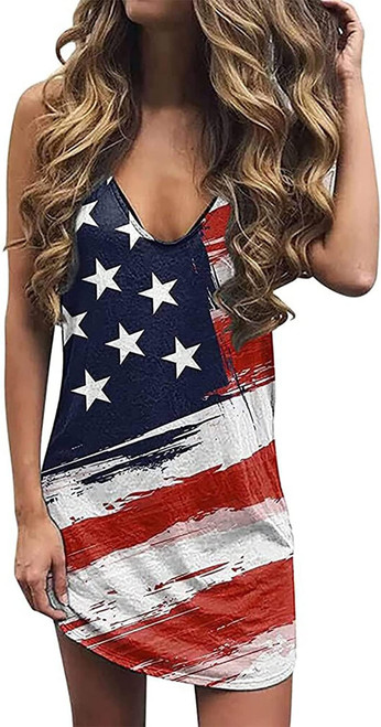 Live Simple Coconut Tree Beach Mini Dress Sun Dresses for Women 2023 Summer Casual V Neck Sleeveless Tank Dress (Multi-Color-Flag, L)