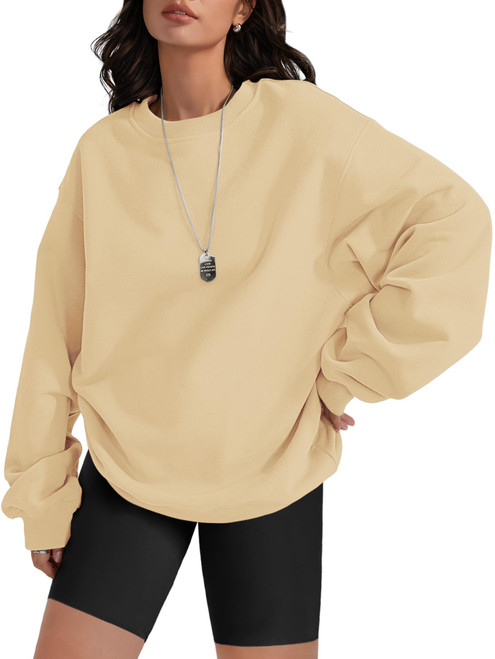 ATHMILE Oversized Hoodies Women Pullover Sweatshirt Crewneck Fleece Long Sleeve Tops Fall Fashion Outfits 2023 Clothes-M Beige