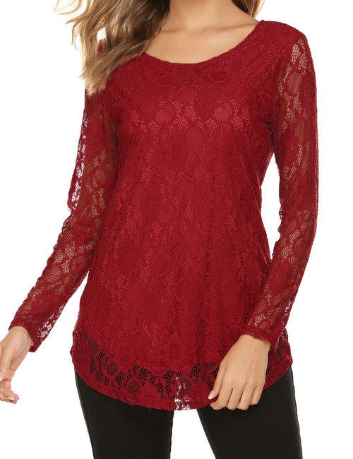 SoTeer Lace Shirt Women Elegant Long Sleeve Dressy Tops Curved Hem Double Layer Blouse,Red M